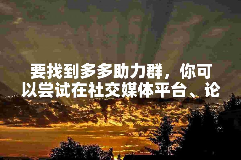 要找到多多助力群，你可以尝试在社交媒体平台、论坛或相关的电商平台上搜索并加入。